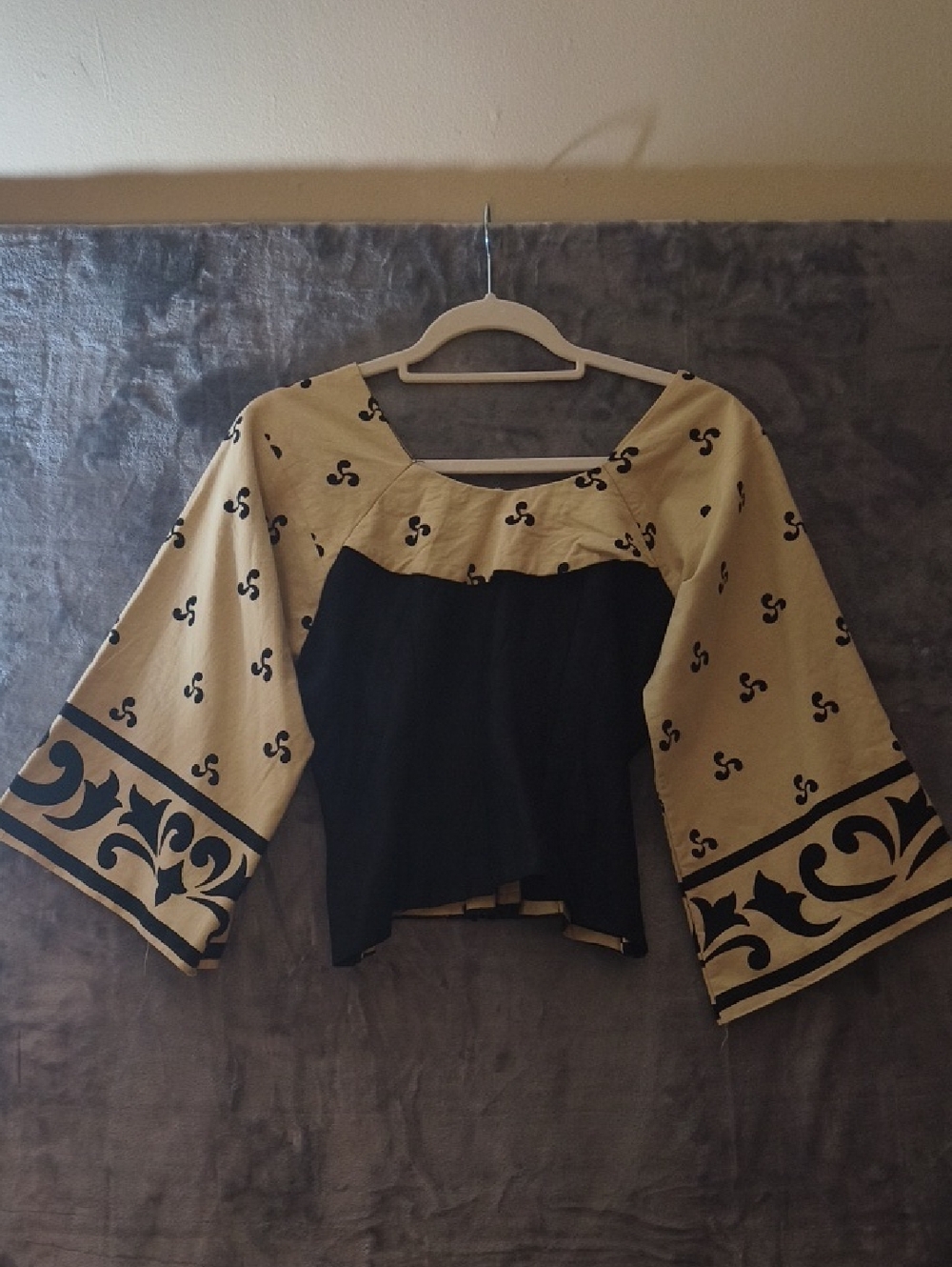 Beige and Black Patterned Bell-Sleeve Square Neck Blouse, Cosplay Inspired